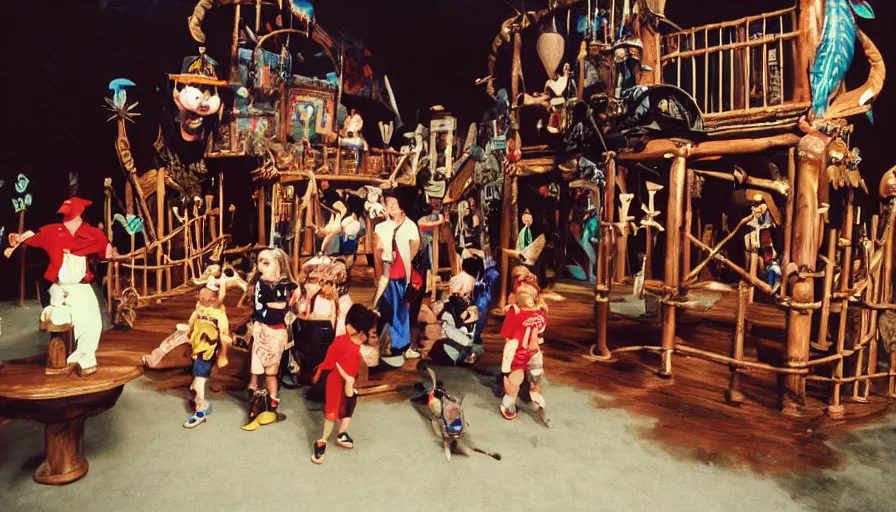 Prompt: 1990s photo of inside the Dogboy's Pirate Adventures show ride at Universal Studios in Orlando, Florida, children riding an animatronic dog through a Pirate village , cinematic, UHD