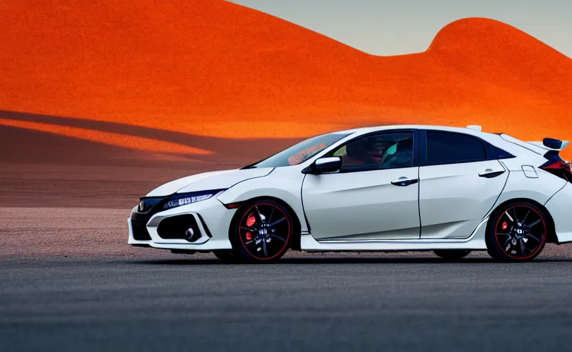 Image similar to photograph of a cell-shaded Honda Civic EK9 Type-R, surrounded by desert with a futuristic city in the horizon, sigma 85mm f/1.4, 4k, depth of field, high resolution, 4k, 8k, hd, full color