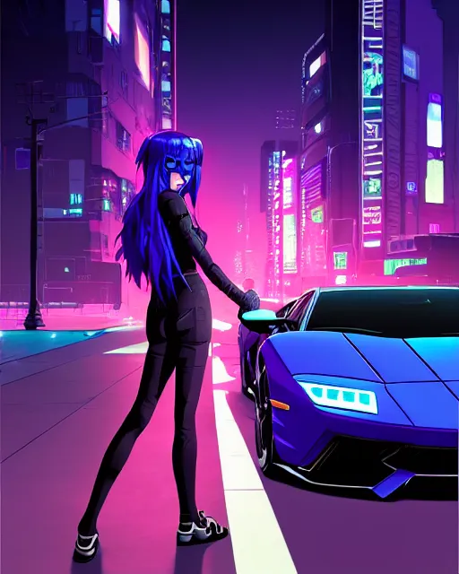 Image similar to digital illustration of cyberpunk pretty girl with blue hair, standing in front of a purple lamborghini, in city street at night, by makoto shinkai, ilya kuvshinov, lois van baarle, rossdraws, basquiat