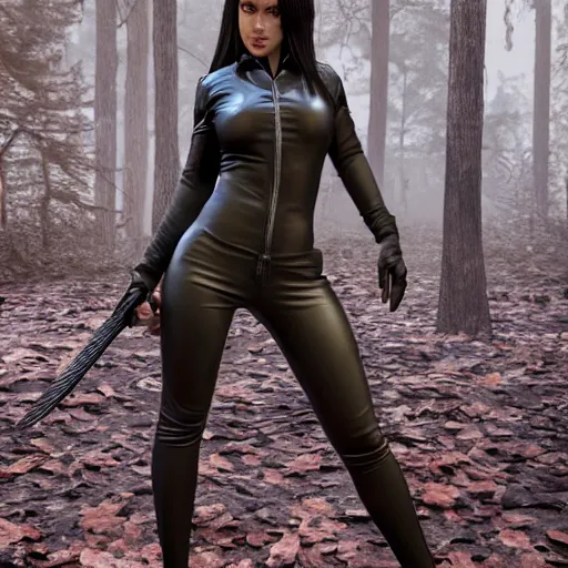 Prompt: 3 d render of a female wearing a skintight leather jacket holding a sword in a forest, large thighs, perfect face, beautiful! coherent!, intricate, elegant, highly detailed, cycles render, octane render, unreal engine, artstation, 8 k
