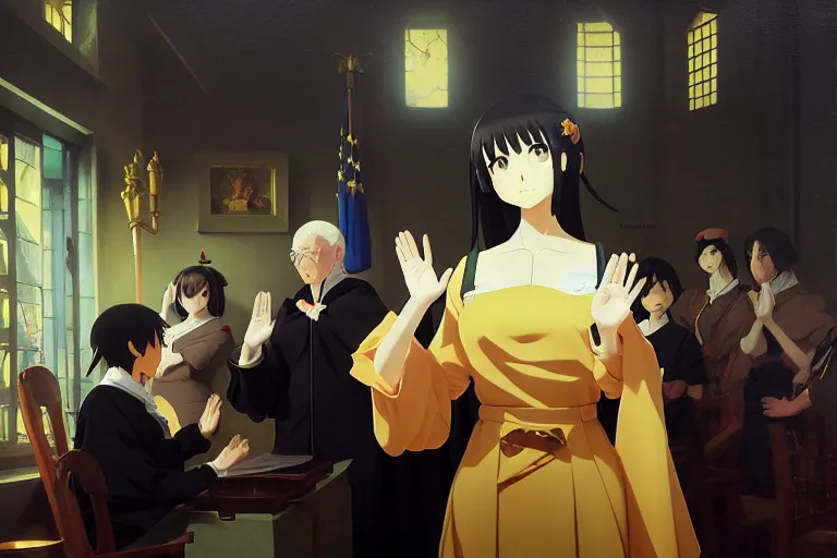 Image similar to baroque oil painting of key visual environment concept art of anime maid being sworn into presidential office, brutalist, dark fantasy, rule of thirds golden ratio, fake detail, trending pixiv fanbox, acrylic palette knife, style of makoto shinkai studio ghibli genshin impact jamie wyeth james gilleard greg rutkowski chiho aoshima