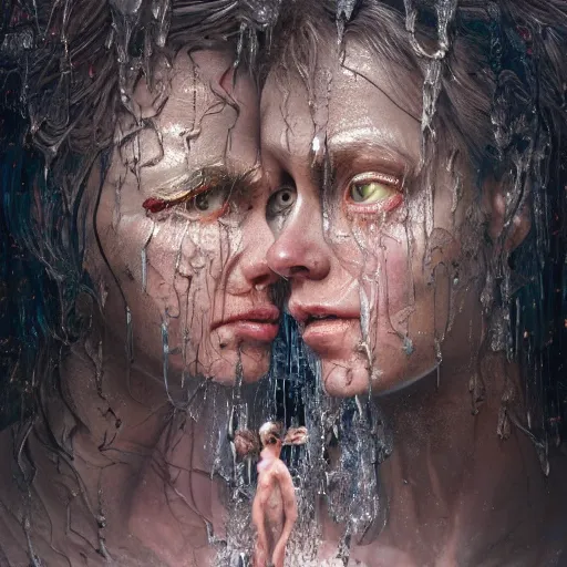 Image similar to stuck to you like glue, two human souls together, stuck, glue dripping souls, extremely detailed, insanely detailed and intricate, high detail, dripping glue with paint background, depth field, unreal engine, deep focus, movie still, dramatic lighting, ray tracing, by michal karcz and yoshitaka amano, 4 k concept art and hyper realism