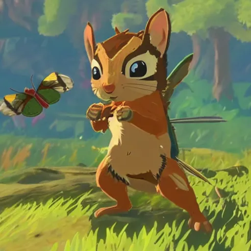 Prompt: a warrior chipmunk riding a flying butterfly in breath of the wild