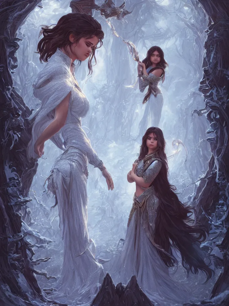 Image similar to Selena Gomez casting an frost spell, D&D, fantasy, intricate, elegant, highly detailed, digital painting, artstation, concept art, matte, sharp focus, illustration, hearthstone, art by Artgerm and Greg Rutkowski and Alphonse Mucha