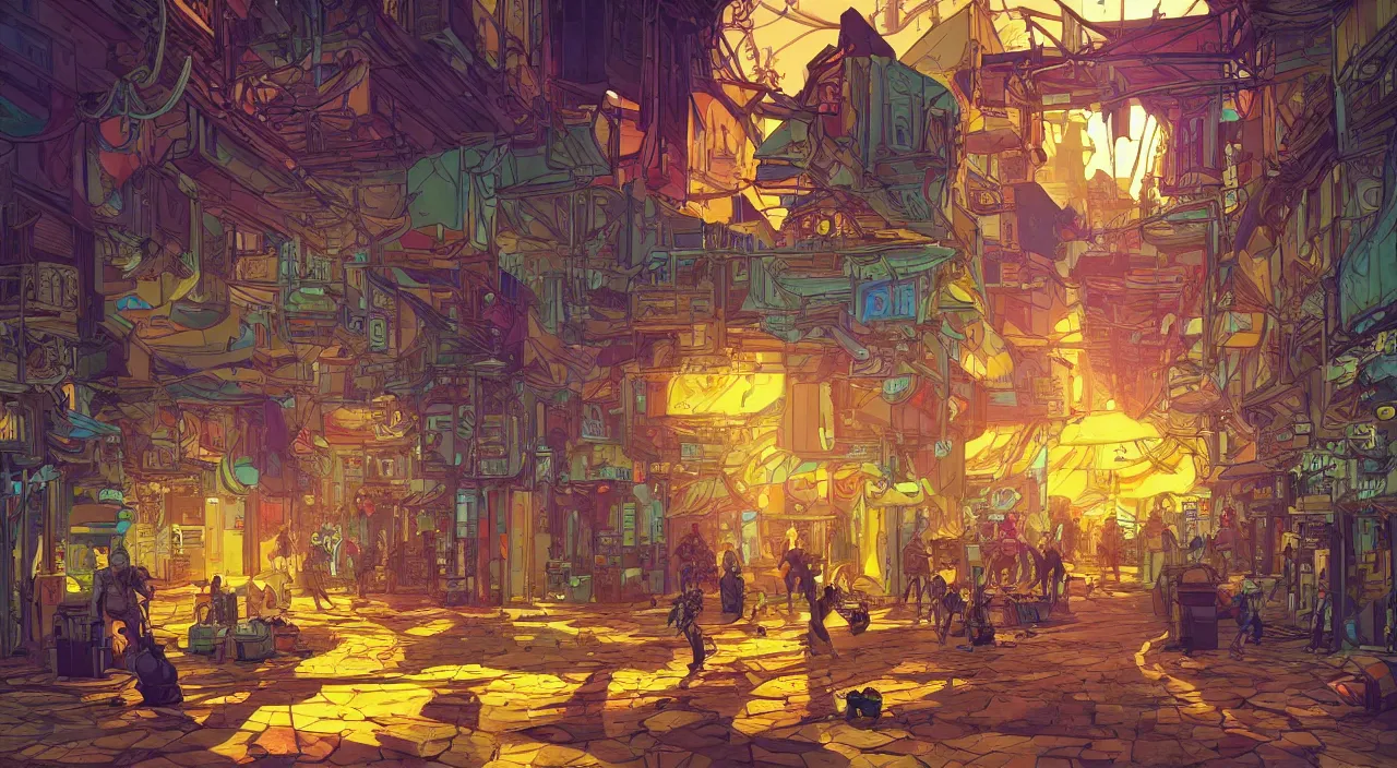 Image similar to bazaar zouk oriantal full color sky shine place mosquet painting stylized digital illustration video game icon global illumination ray tracing that looks like it is from borderlands and by feng zhu and loish and laurie greasley, victo ngai, andreas rocha, john harris