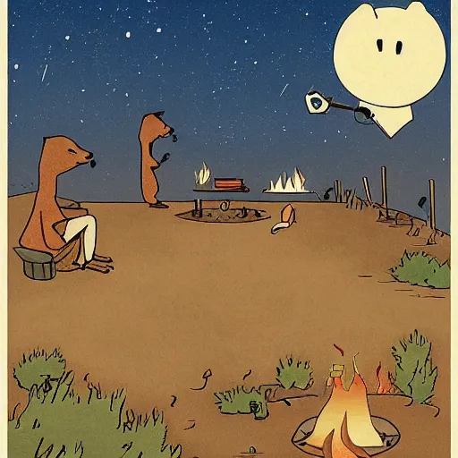 Prompt: capybaras camping on the seaside and one is playing guitar around the fire by yuga labs and by pendleton ward