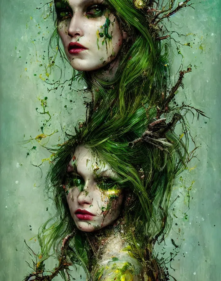 Image similar to a splatterpunk portrait of a gorgeous woman with eldritch woven hair and green and gold twigs and feathers for hair, with green glossy lips, hyperrealistic, award-winning, in the style of Tom Bagshaw, Cedric Peyravernay