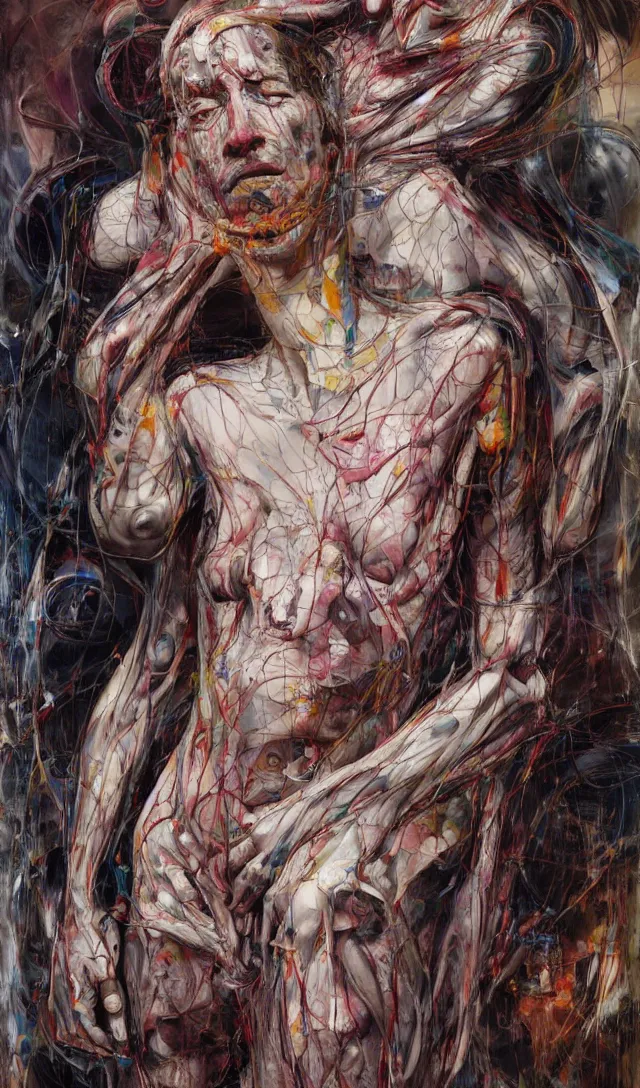 Prompt: it is only with the heart that one can see rightly ; what is essential is invisible to the eye. sorrow and fear, full body by jenny saville, scifi, neo - gothic, intricate, rich deep colors. part by james jean, part by adrian ghenie and gerhard richter.