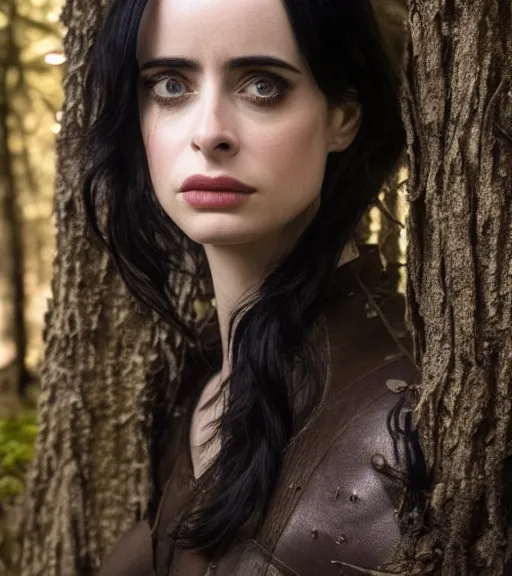 Prompt: 5 5 mm close up portrait photo of krysten ritter as yennefer of vengerberg in black leather armor and black hair, in a forest. magical atmosphere. art by greg rutkowski. lifelike. very detailed 8 k. intricate. soft light. nikon d 8 5 0.