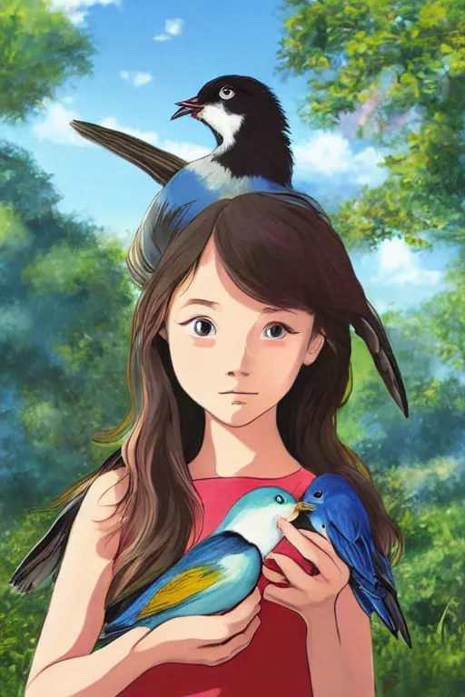 Image similar to young pretty girl holding a bird in her hands, looking touched, Fragile looking character portrait , beautiful scene; highly detailed art, by Studio Ghibli , High contrast, anime art