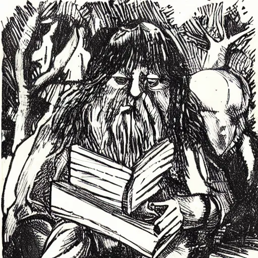 Image similar to robert wyatt sitting on the ground, reading a book to some goblins, artwork