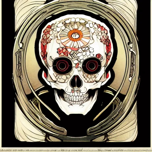 Image similar to anime manga skull portrait boys male cyborg face skeleton illustration style by Alphonse Mucha and Takashi Murakami pop art nouveau