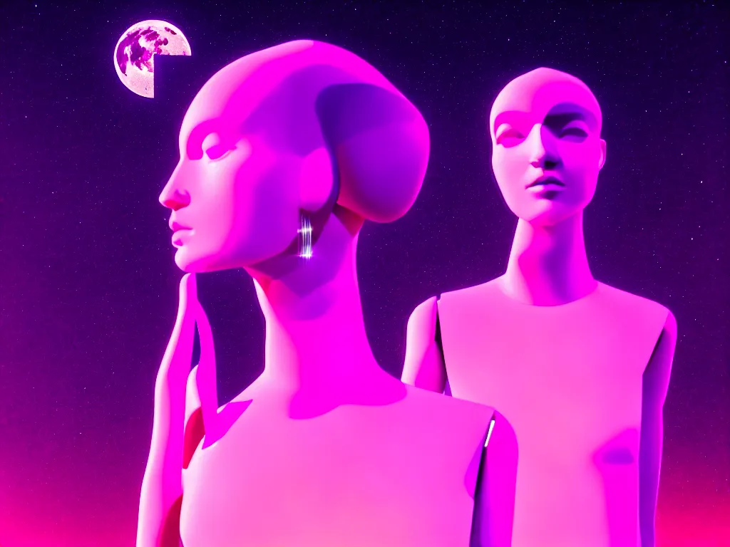 Prompt: beautiful mannequin sculpted out of amethyst by billelis + lit with 3 d geometric neon + facing a doorway opening with neon pink geometric fractal light + city of los angeles + moon in background!, rule of thirds, clean linework, dramatic, award winning, 4 k, trending on artstation, photorealistic, volumetric lighting, octane render