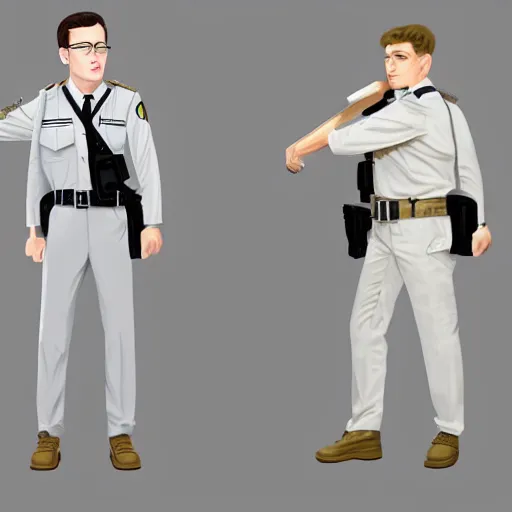 Prompt: pale skin security officers beige uniform % gray pants trending on artstation high detail digital painting