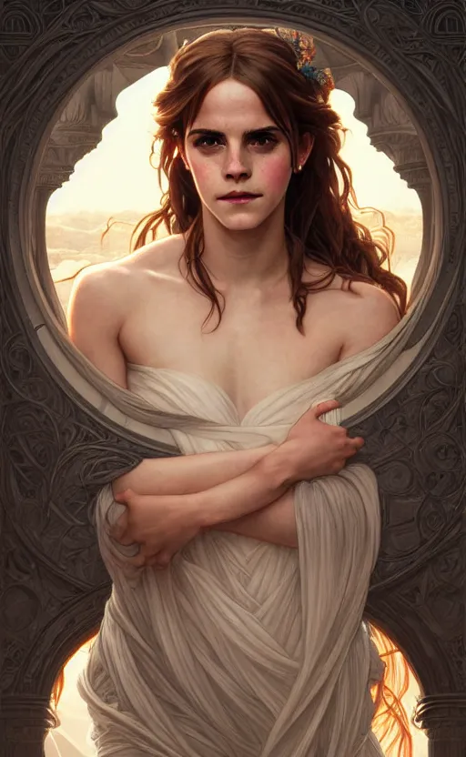 Prompt: portrait of emma watson as the goddess circe, greek mythology, intricate, headshot, highly detailed, digital painting, artstation, concept art, sharp focus, cinematic lighting, illustration, art by artgerm and greg rutkowski, alphonse mucha, cgsociety