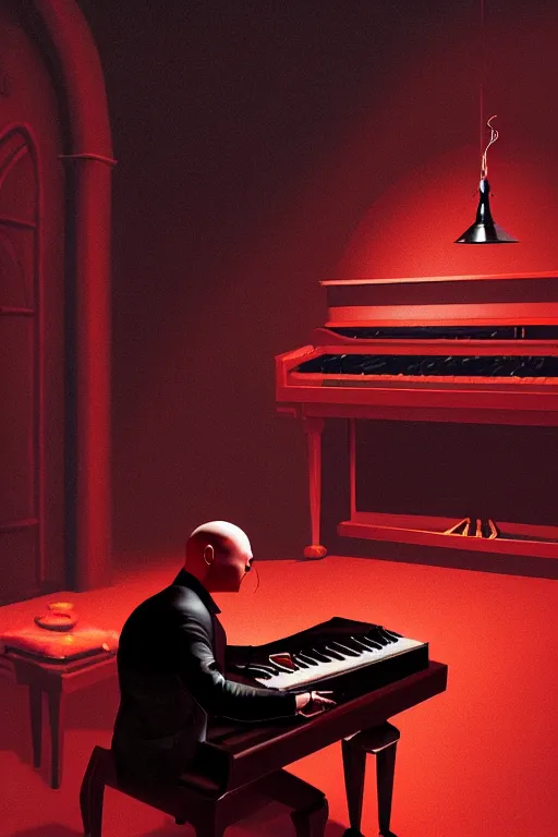 Image similar to an expressive portrait of agent 4 7 playing the piano in a monastery, dark background, red rim light, digital art, artstation, concept art by giger stalenhag