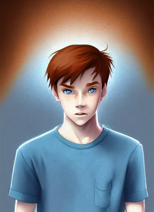 Image similar to portrait of a teen boy with completely straight auburn hair, light blue eyes, pale skin, freckles, sad expression, t - shirt, modern casual clothing, natural lighting, path traced, highly detailed, high quality, cartoon, digital painting, by don bluth and ross tran and studio ghibli