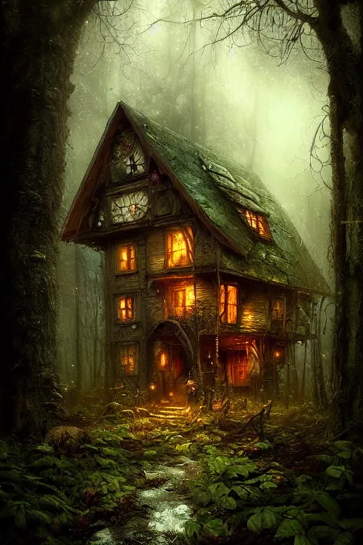 Image similar to a ramshackle cabin in the woods, magical forest, fairytale style, Fairycore, cottagecore, fantasy, by Bastien Lecouffe Deharme