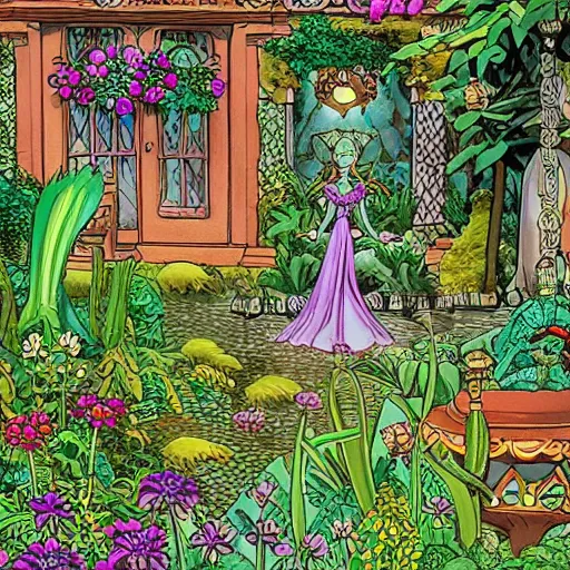 Image similar to intricate detailed Garden, Green Witch Walking her Garden, magical garden plant creatures, enchanted, life like plants, In style of 1992 X-Men: The Animated Series, high detail