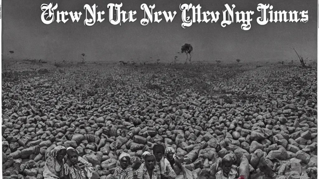 Image similar to 1 9 8 4 famine and drought in ethiopia, cover of new york times, wide - angle, 4 k