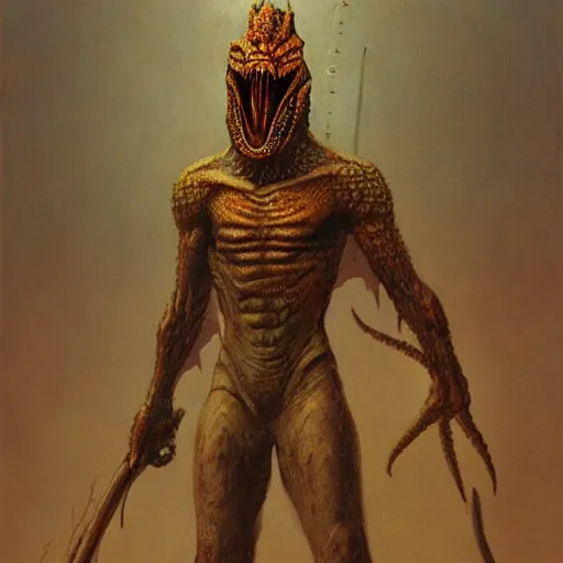 Prompt: lizardman warrior concept, tribal, beksinski