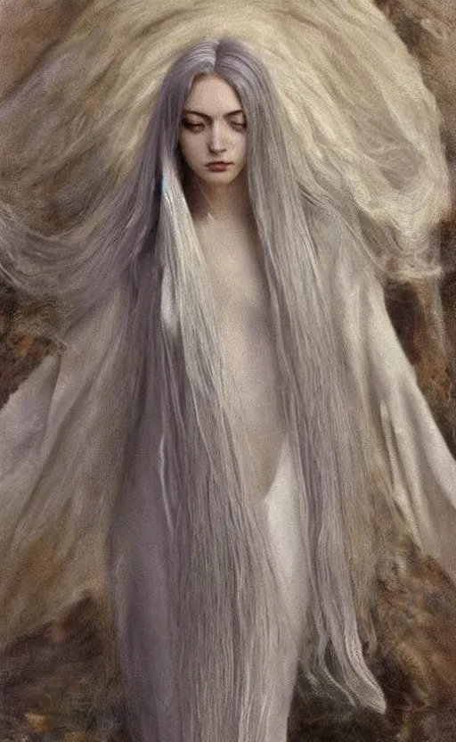 Image similar to say who is this with silver hair so pale and wan! and thin!? female angel, wearing long silver robes, flowing hair, pale fair skin, you g face, silver hair, covered!!, clothed!! lucien levy - dhurmer, jean deville, oil on canvas, 1 8 9 6, 4 k resolution, aesthetic!, mystery