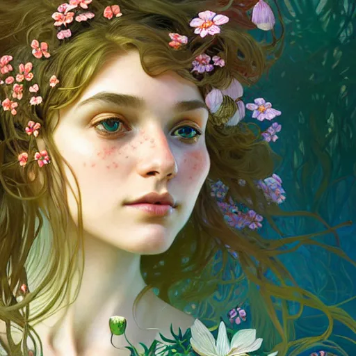 Prompt: Portrait of a girl surrounded by flowers and morphing into mushrooms, face, fantasy, intricate, elegant, highly detailed, digital painting, artstation, concept art, smooth, sharp focus, illustration, art by Fernanda Suarez and Artem Demura and alphonse mucha