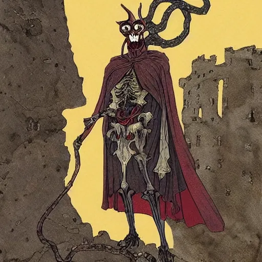 Image similar to A beautiful mixed media art of a horned, red-eyed, skeleton-like creature, with a long black cape, and a staff with a snake wrapped around it, standing in front of a castle atop a cliff. in the USA, Ancient Roman by Charles Robinson, by Terada Katsuya mood, delicate