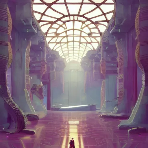 Prompt: scifi indoor liminal space, golden light, greg rutkowski, palm trees, pink door, minimalistic, hyperrealistic surrealism, award winning masterpiece with incredible details, epic stunning, infinity pool mirrors, a surreal vaporwave liminal space with mirrors, highly detailed, trending on artstation, artgerm and greg rutkowski and alphonse mucha, daily deviation