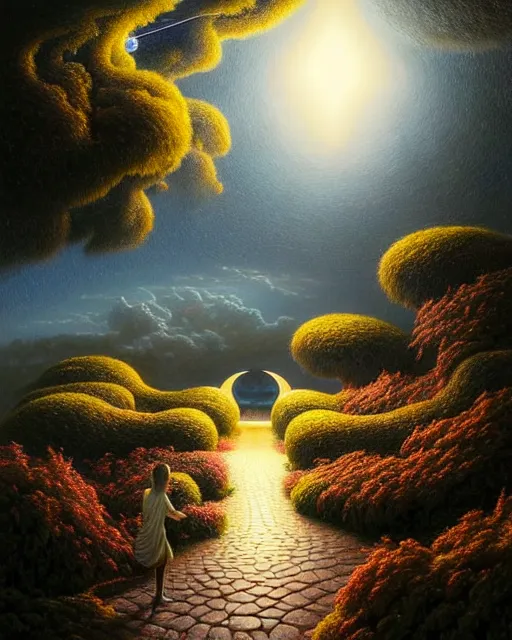 Image similar to a hyper - detailed 3 d render like an oil painting of the sunlit path to the moonlit garden, surrealism!!!!! surreal concept art, lifelike, photorealistic, digital painting, aesthetic, smooth, sharp focus, artstation hd, by greg rutkowski, bruce pennington, valentina remenar, rhads, asher duran,