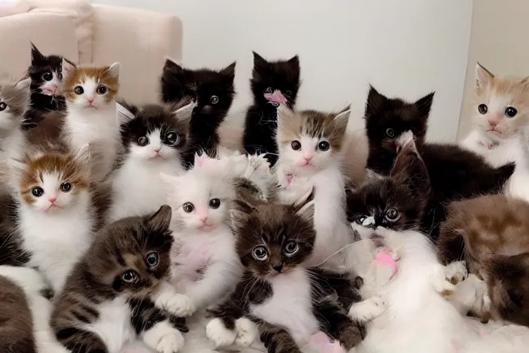 Image similar to a living room full of cute kittens that are all sitting positioned directly at the camera and all of the kittens are looking directly into the camera