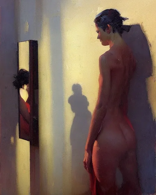 Image similar to weight of public opinion, shadow and mirror, ( impressionistic oil painting by malcom liepke ), alexi zaitsev, craig mullins, melinda matyas, tooth wu, wlop, denis sarazhin, bold brushstrokes, highly detailed, award winning, textured, masterpiece