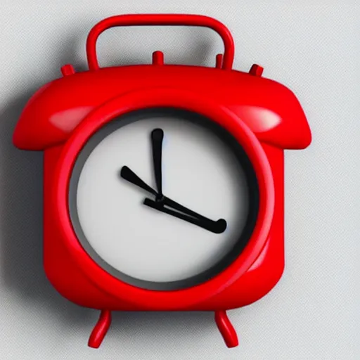 Image similar to Very tiny red alarm clock that looks like the iOS emoji and has the same colors, 3D clay render, 4k UHD, white background, isometric top down left view, diffuse lighting, zoomed out very far