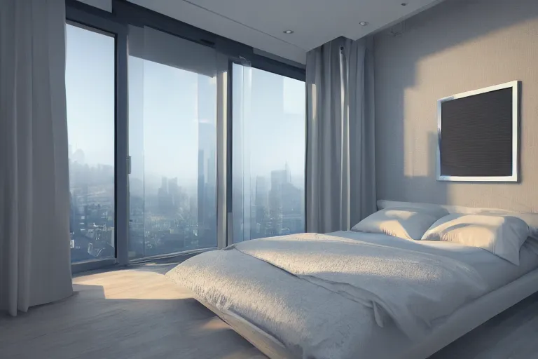 Prompt: futuristic highly detailed modern bedroom with a nice window view, complex design, realistic, octane render, unreal engine 5, raytracing, volumetric light, trending on artstation