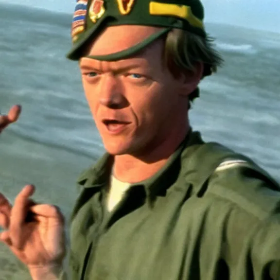 Prompt: photo realistic image of Matthew Lillard as ultra instinct shaggy, storming the beaches of Normandy in 1944, HD, Hollywood cinema, Christopher Nolan