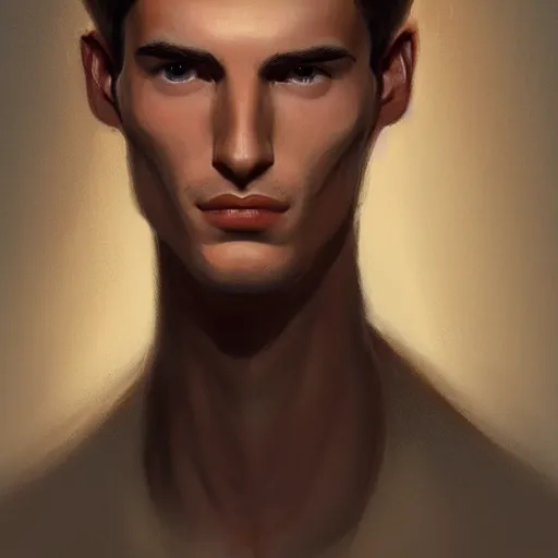 Image similar to tall man in his twenties with brown blond short quiff hair and thin slightly round facial structure with cleft chin, straight eyebrows and prominent nose, good definition of cheekbones, big hazel nut brown eyes, narrow face, slim body, atmospheric lighting, painted, intricate, 4 k, highly detailed by charlie bowater