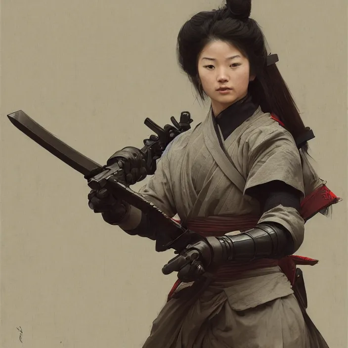 Prompt: a samurai holding a machine gun, au naturel, intricate, hyper realise, digital art, artstation, concept art, smooth render, sharp focus, ian sprigger, artgerm, greg rutkowski, alphonse mucha, william adolphe bouguereau