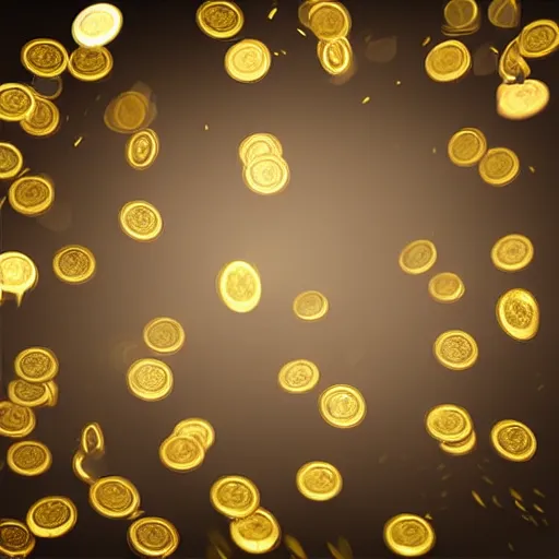 Image similar to Hologram of glowing golden coins raining from the sky, elegant digital painting