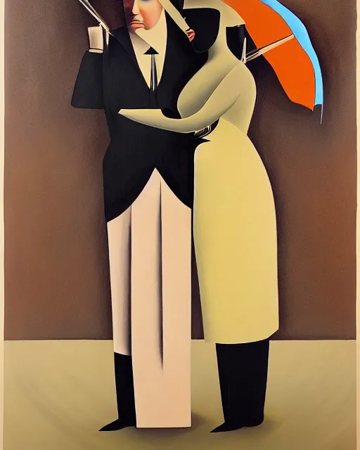 Image similar to a painting of a man and a woman holding an umbrella, an art deco painting by Grant Wood, featured on behance, american scene painting, movie poster, poster art, concert poster