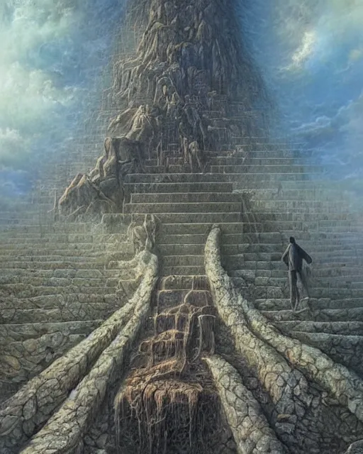 Image similar to Stairway to heaven by Tomasz Alen Kopera and salvator Dali and greg rutkowski, impressive perspective, I can't believe how detailled this is, masterpiece