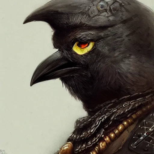 Prompt: a portrait of a crow druid dressed with a leather armor, by justin gerard and jean baptiste monge, digital art, realistic painting, dnd, character design, trending on artstation