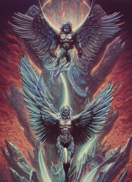 Image similar to joe biden's angelic true form revealed, fantasy, heroic, high details, intricate details, by vincent di fate, artgerm julie bell beeple, 1 9 8 0 s, inking, vintage 8 0 s print, screen print