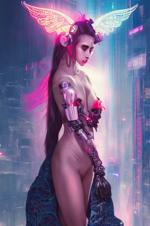 Image similar to portrait futuristic Devil Girl with horns and wings, in future cyberpunk tokyo rooftop , ssci-fi, fantasy, intricate, very very beautiful, elegant, human anatomy, neon light, highly detailed, digital painting, artstation, concept art, smooth, sharp focus, illustration, art by tian zi and WLOP and alphonse mucha