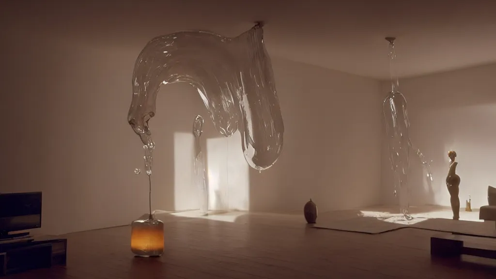 Image similar to a giant hand made of wax and water floats through the living room, film still from the movie directed by Denis Villeneuve with art direction by Salvador Dalí, wide lens