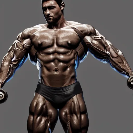 Image similar to a realistic detailed photo of a bodybuilder who is also a male android Chris Redfield, shiny skin, posing robotically, blank stare