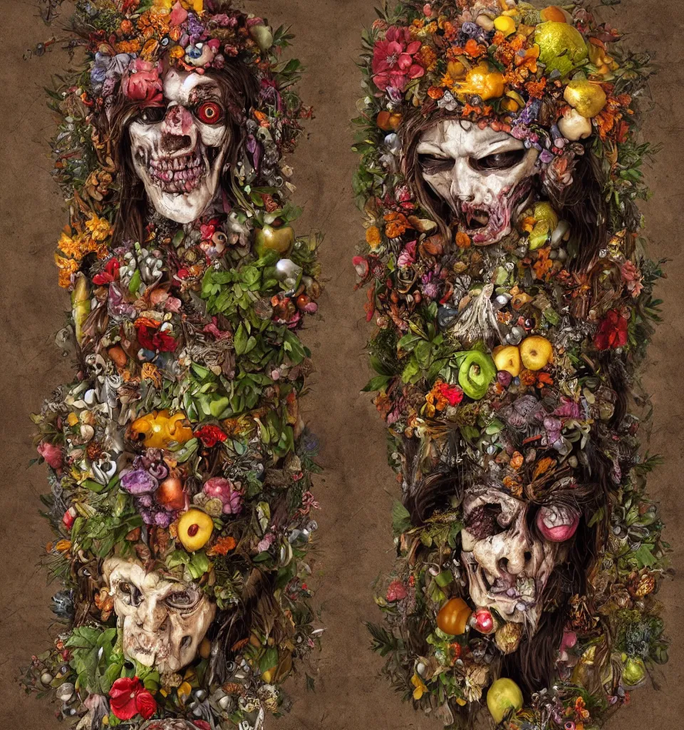 Prompt: bodyshot of a trickster nature spirit, leather jacket, zombie rock star, head made of fruits and crystals and flowers in the style of giuseppe arcimboldo and bernini, digital illustration, highly detailed, fantasy, baroque, grotto, artstation