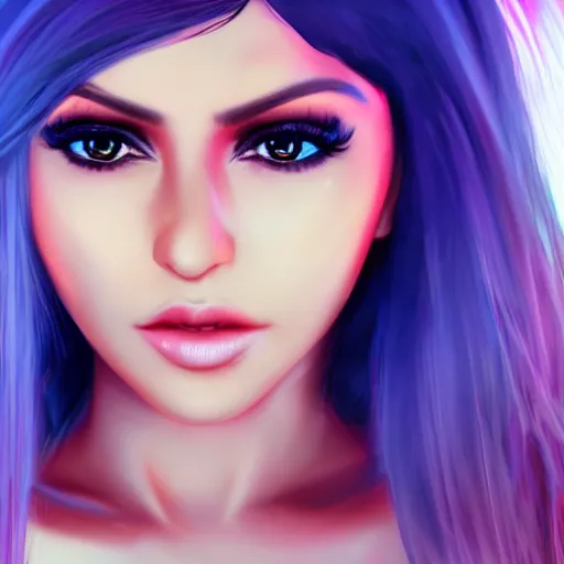 Image similar to portait of haifa wehbe, sadness look, long hair blue centred, hd, digital painting, unreal engine, final fantasy style, amazing red orange background theme