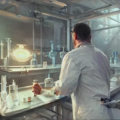 Image similar to epic masterpiece of cinematographic hyperrealism where a scientist appears in a laboratory. realistic shaded lighting poster by craig mallismo, artgerm, jeremy lipkin and michael garmash, unreal engine, radiant light, detailed and intricate environment, digital art, art station trends