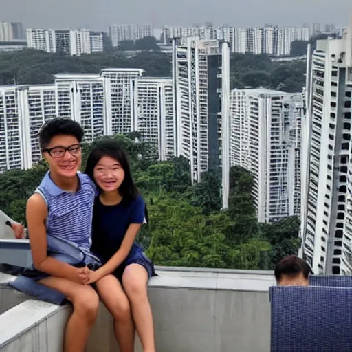 Prompt: award - winning photo of two singapore students on the roof of a hdb flat