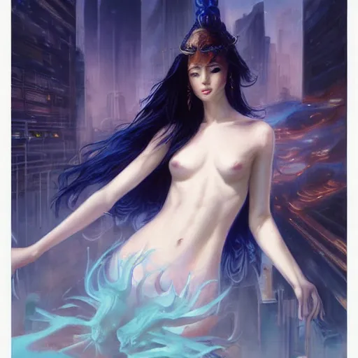 Prompt: long shot, full body portrait of a beautiful goddess, magical, pale skin, blue eyes, long black hair, in the middle of New York, by pete mohrbacher and greg rutkowski